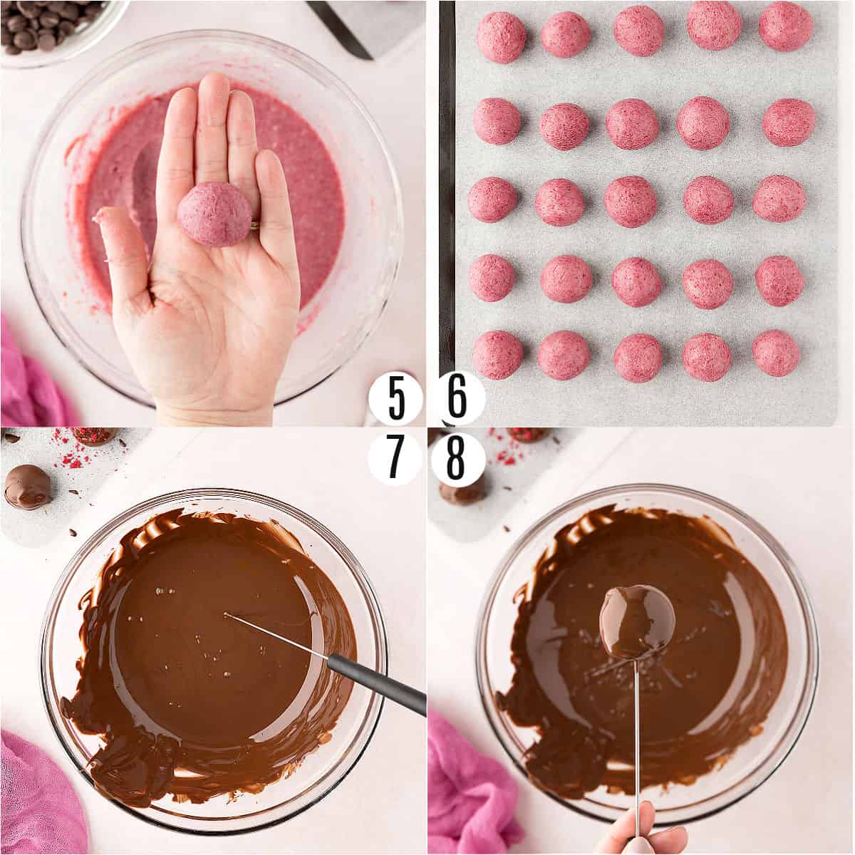 Step by step photos showing how to dip truffles in chocolate.