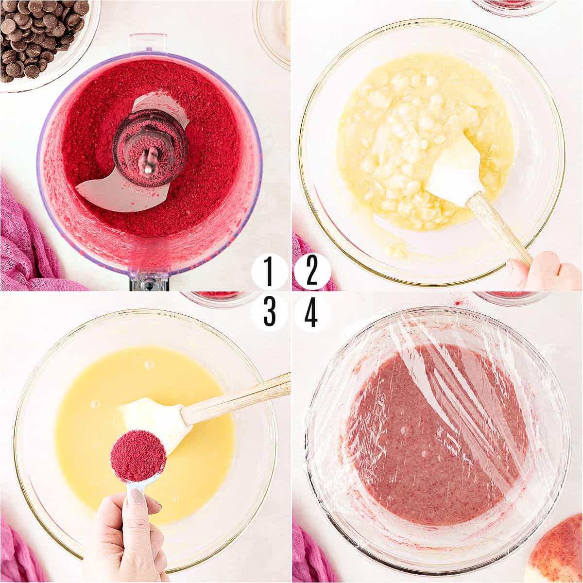 Step by step photos showing how to make raspberry truffles.