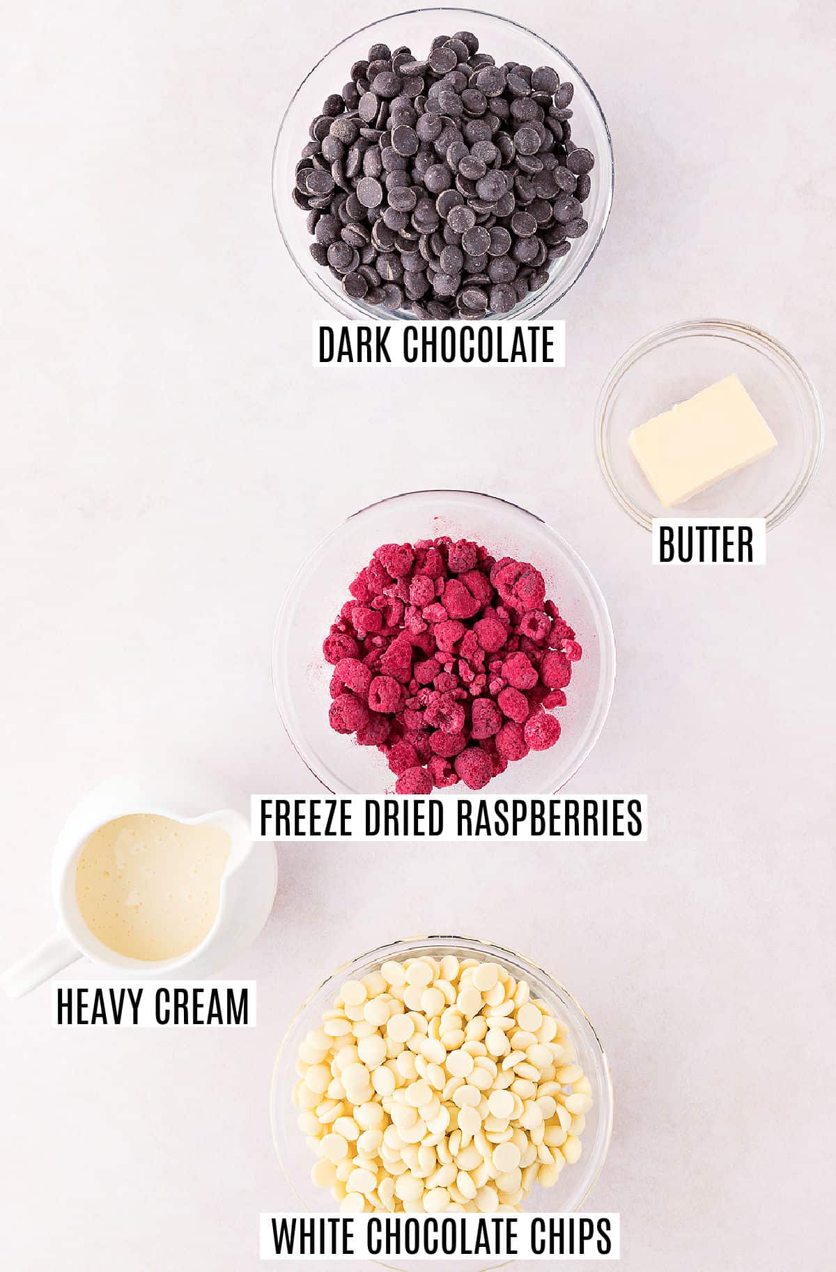 Ingredients needed to make raspberry truffles.