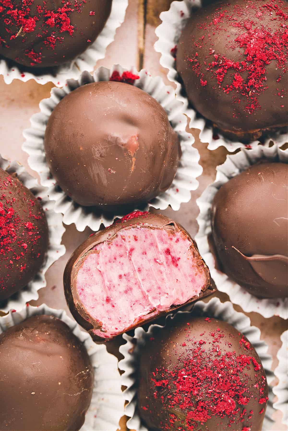 Raspberry filled truffles with a dark chocolate coating.