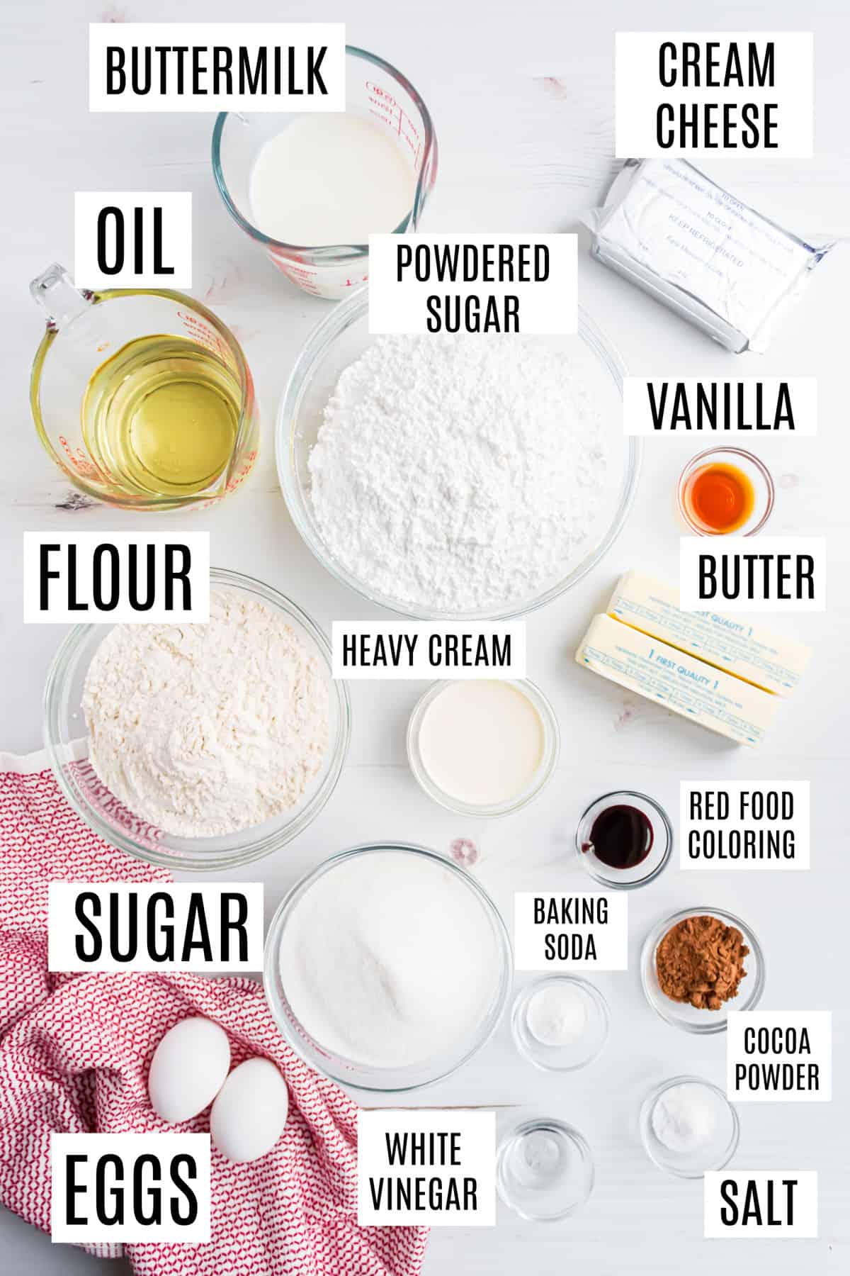 Ingredients needed to make red velvet cake.