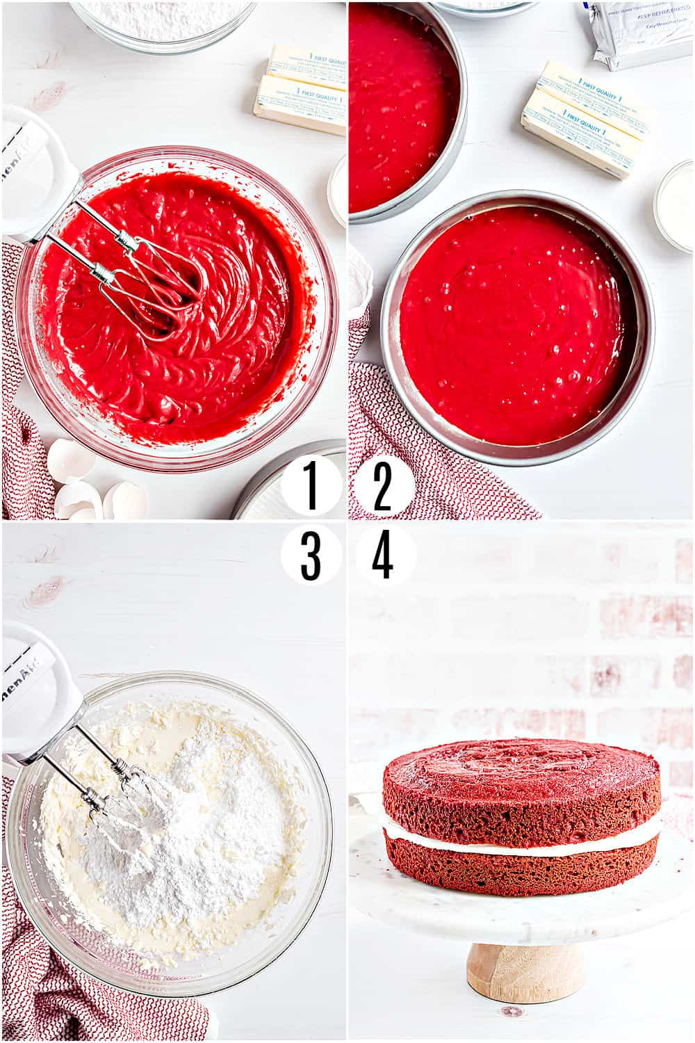 Step by step photos showing how to make red velvet layer cake.