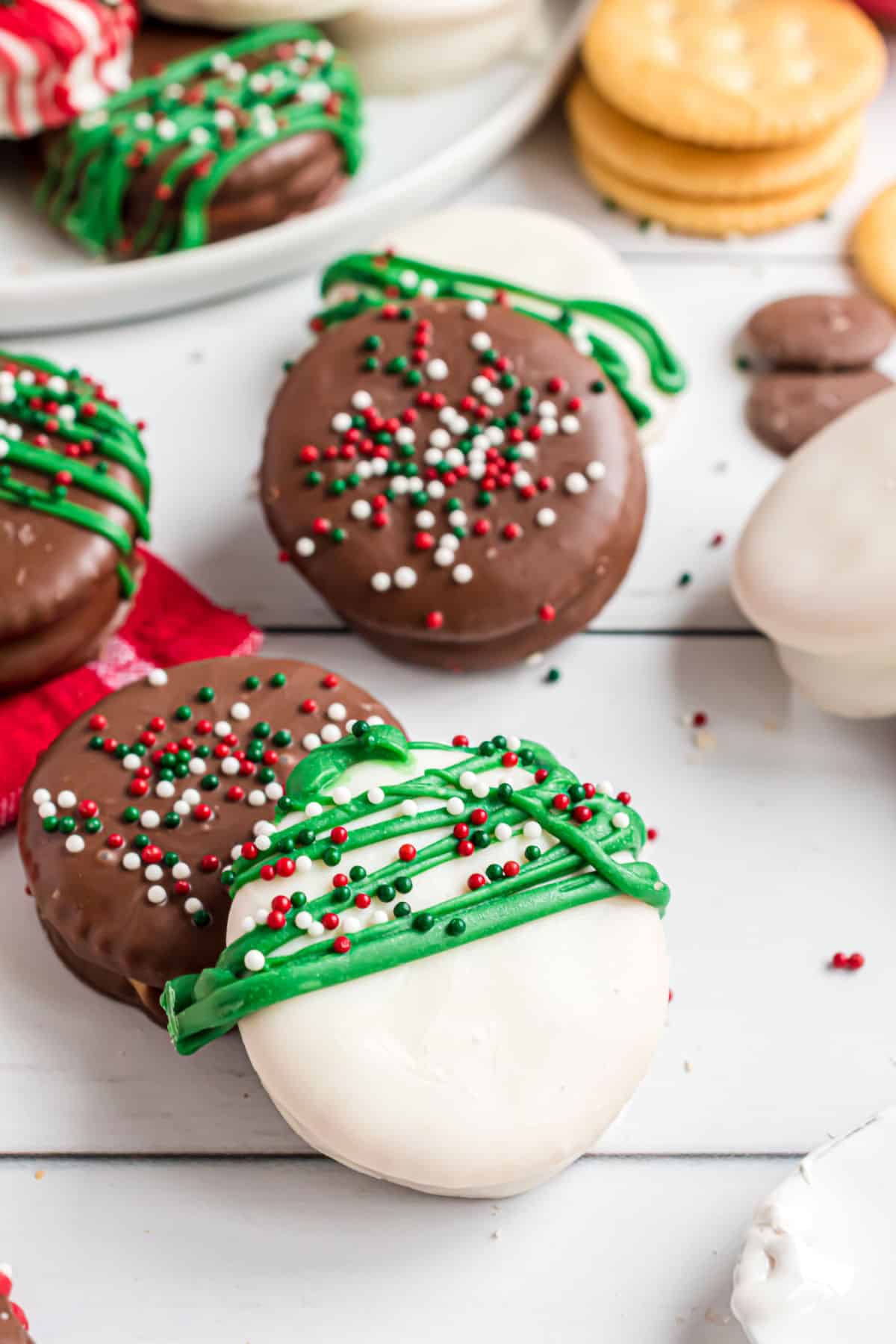 Chocolate covered ritz decorated for Christmas.