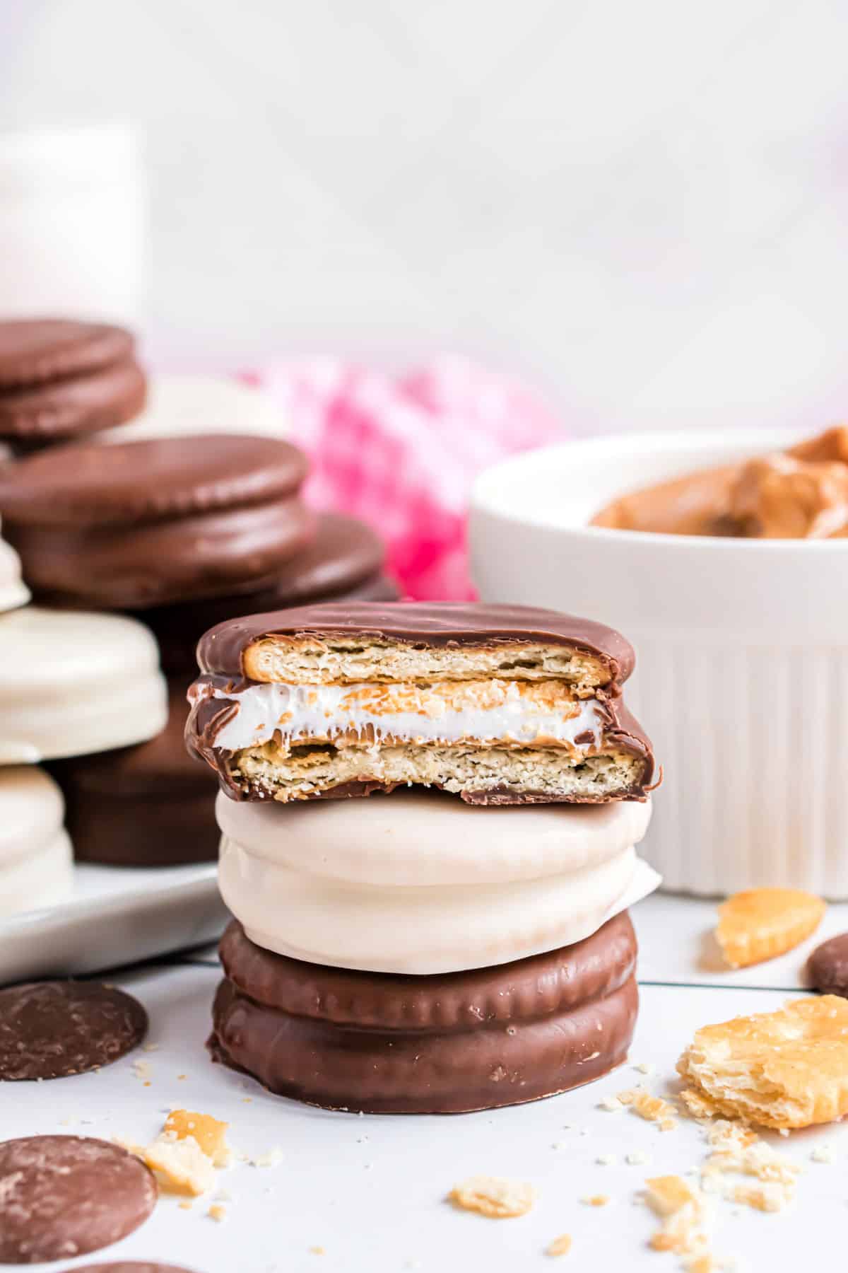 Ritz crackers filled with peanut butter and marshmallow fluff then dipped in chocolate.