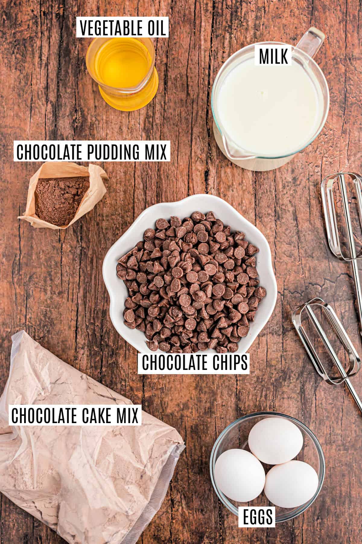 Ingredients needed to make slow cooker chocolate cake.