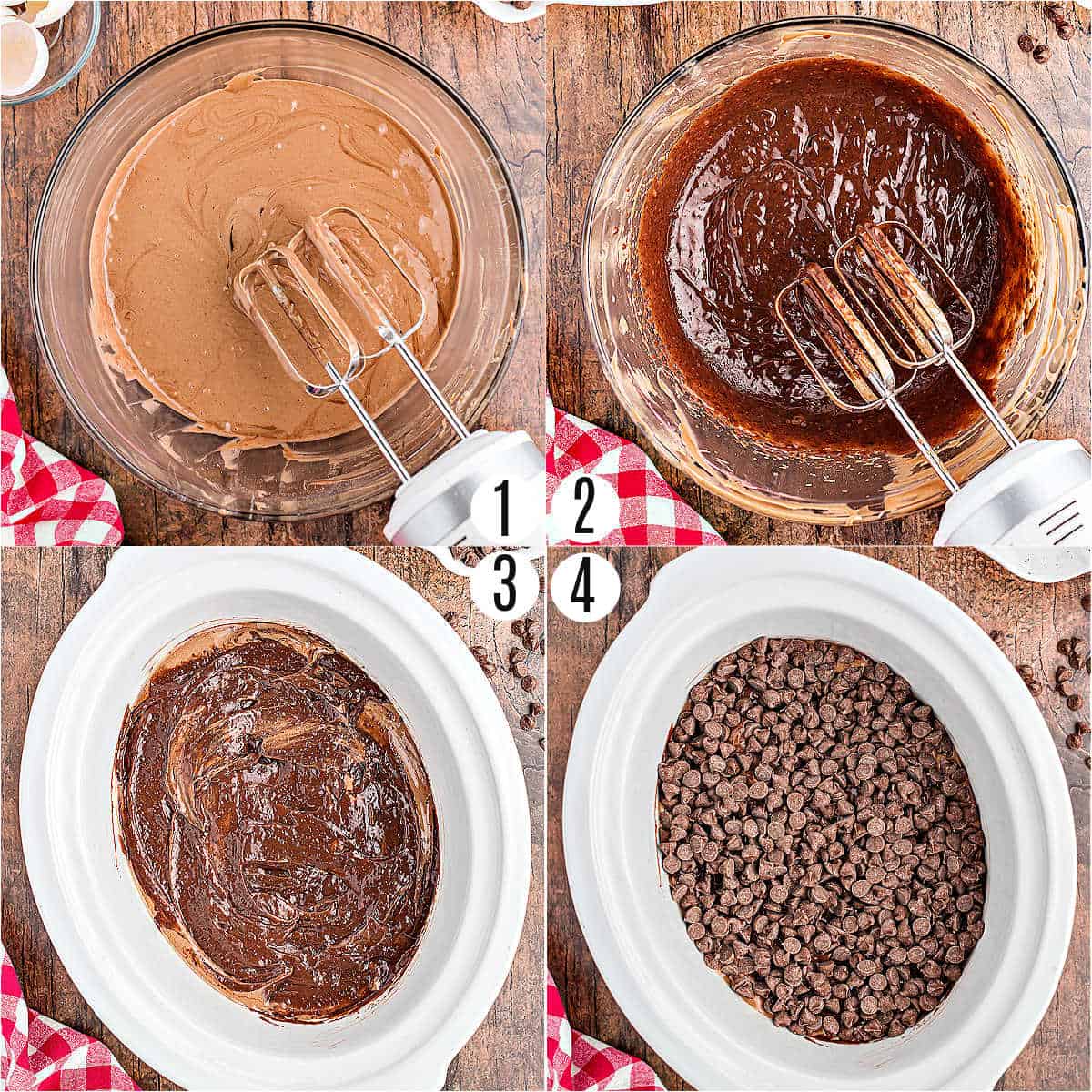 Step by step photos showing how to make chocolate pudding cake.