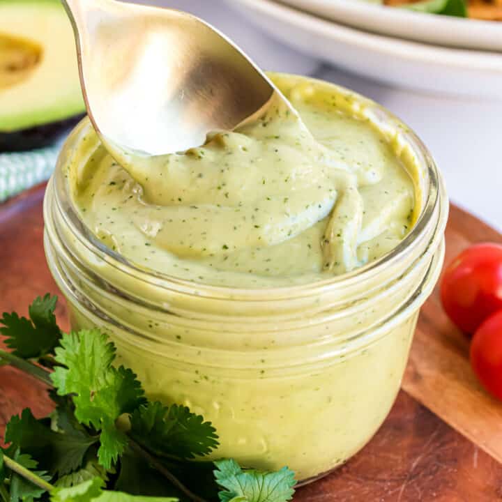 This avocado dressing recipe is a quick and tasty way to amp up your salads in two simple steps. It will add body, flavor, and a vibrant splash of color to your next healthy salad or snack. Or use it as a dip for your veggie tray!