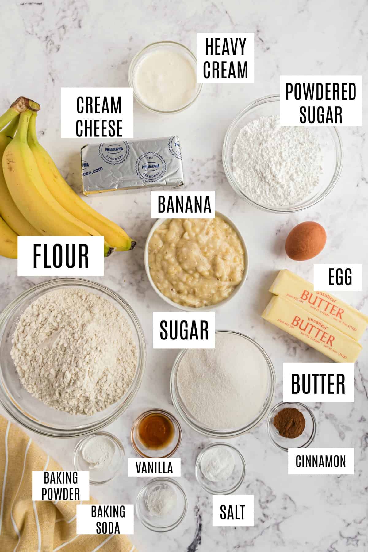 Ingredients needed to make banana cake.