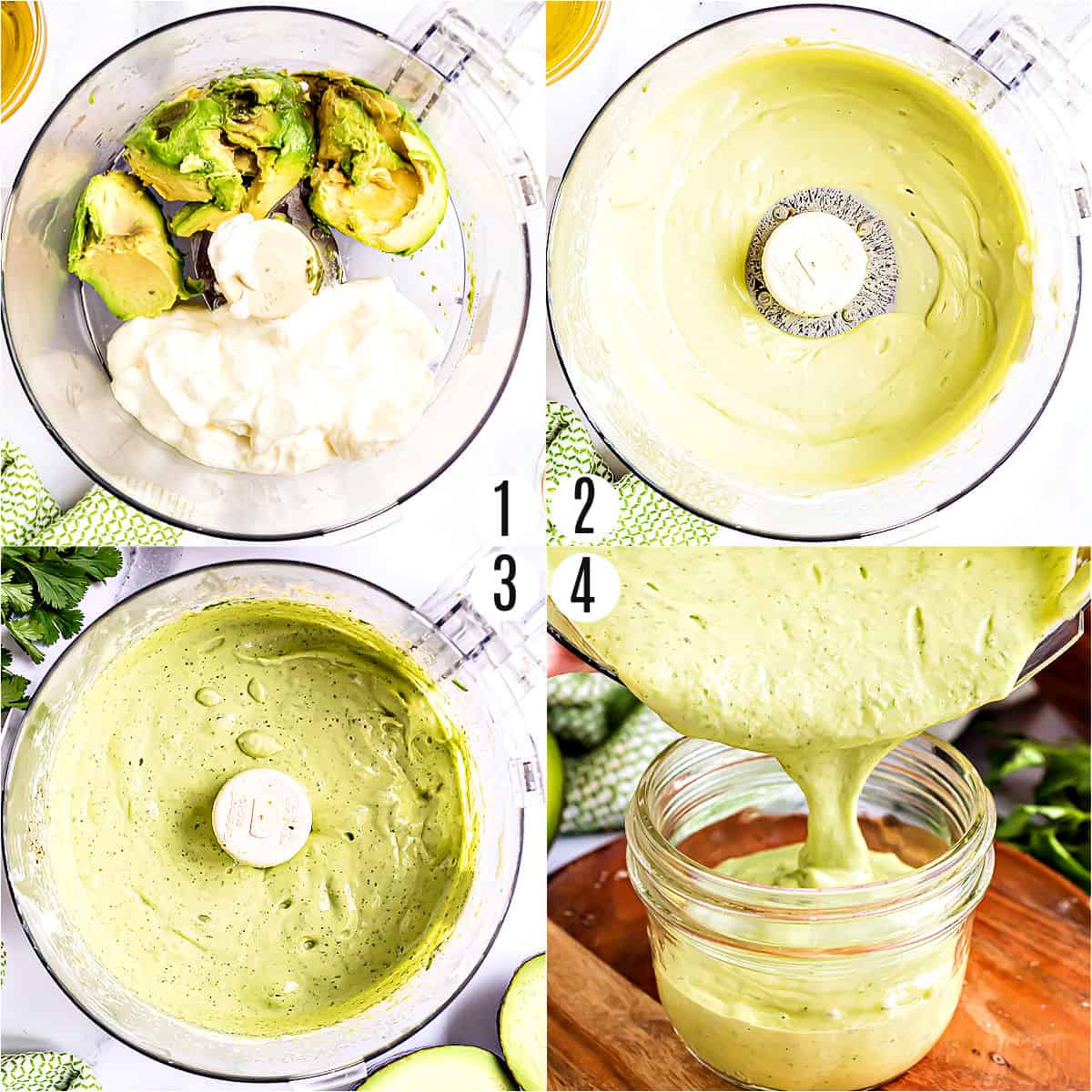 Step by step photos showing how to make avocado salad dressing.