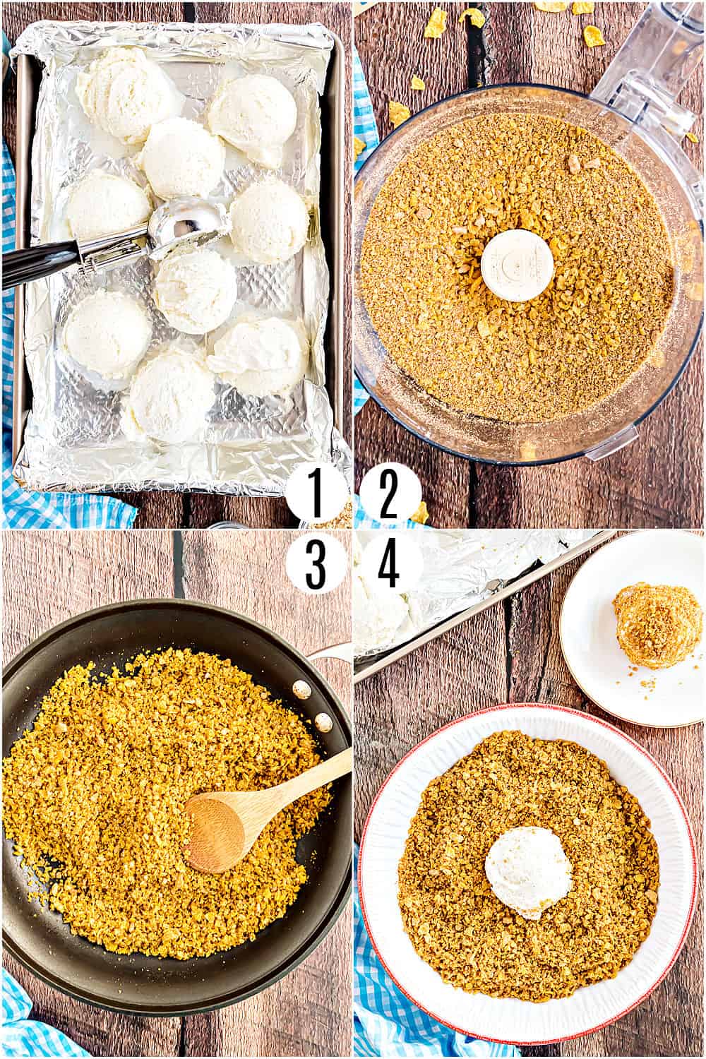 Step by step photos showing how to make fried ice cream.