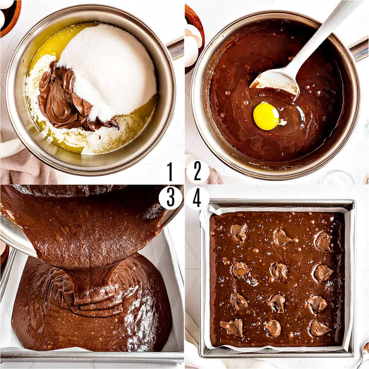 Step by step photos showing how to make nutella brownies.