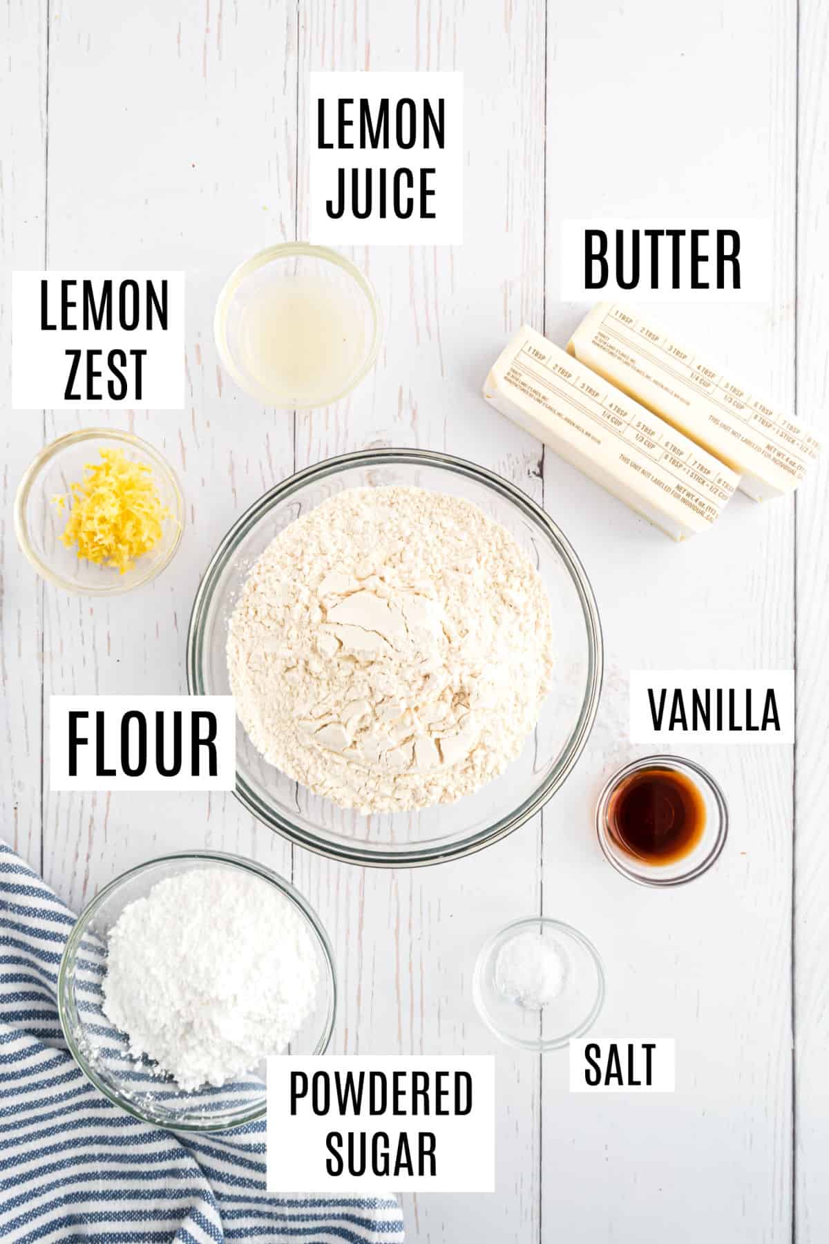 Ingredients needed to make lemon shortbread cookies.