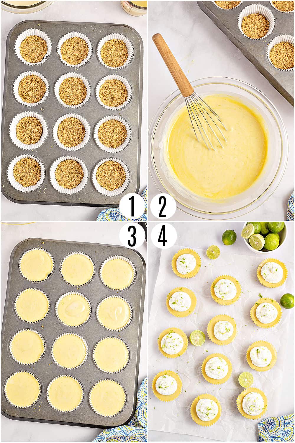 Step by step photos showing how to make key lime pies in individual muffin cups.