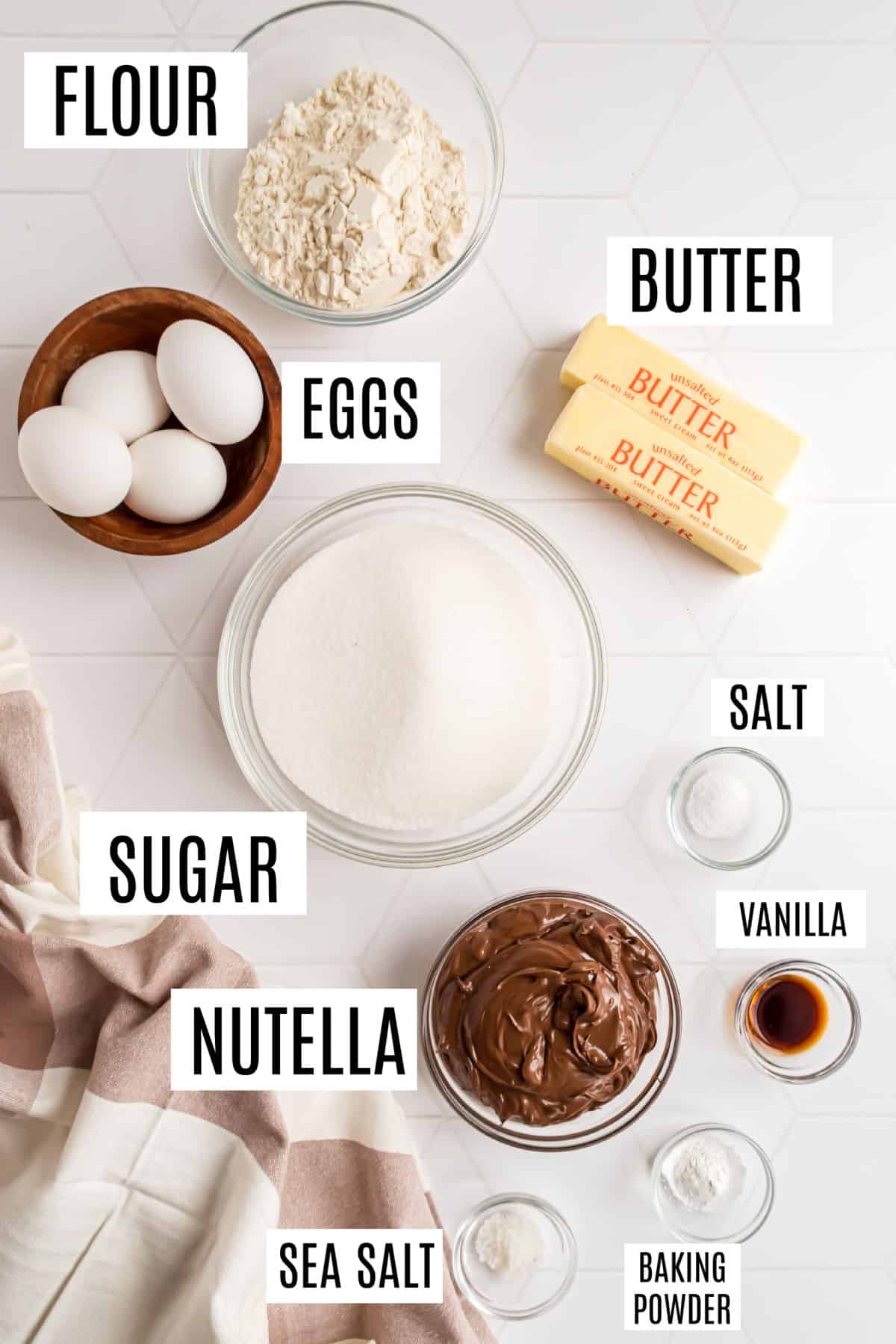 Ingredients needed to make nutella brownies.