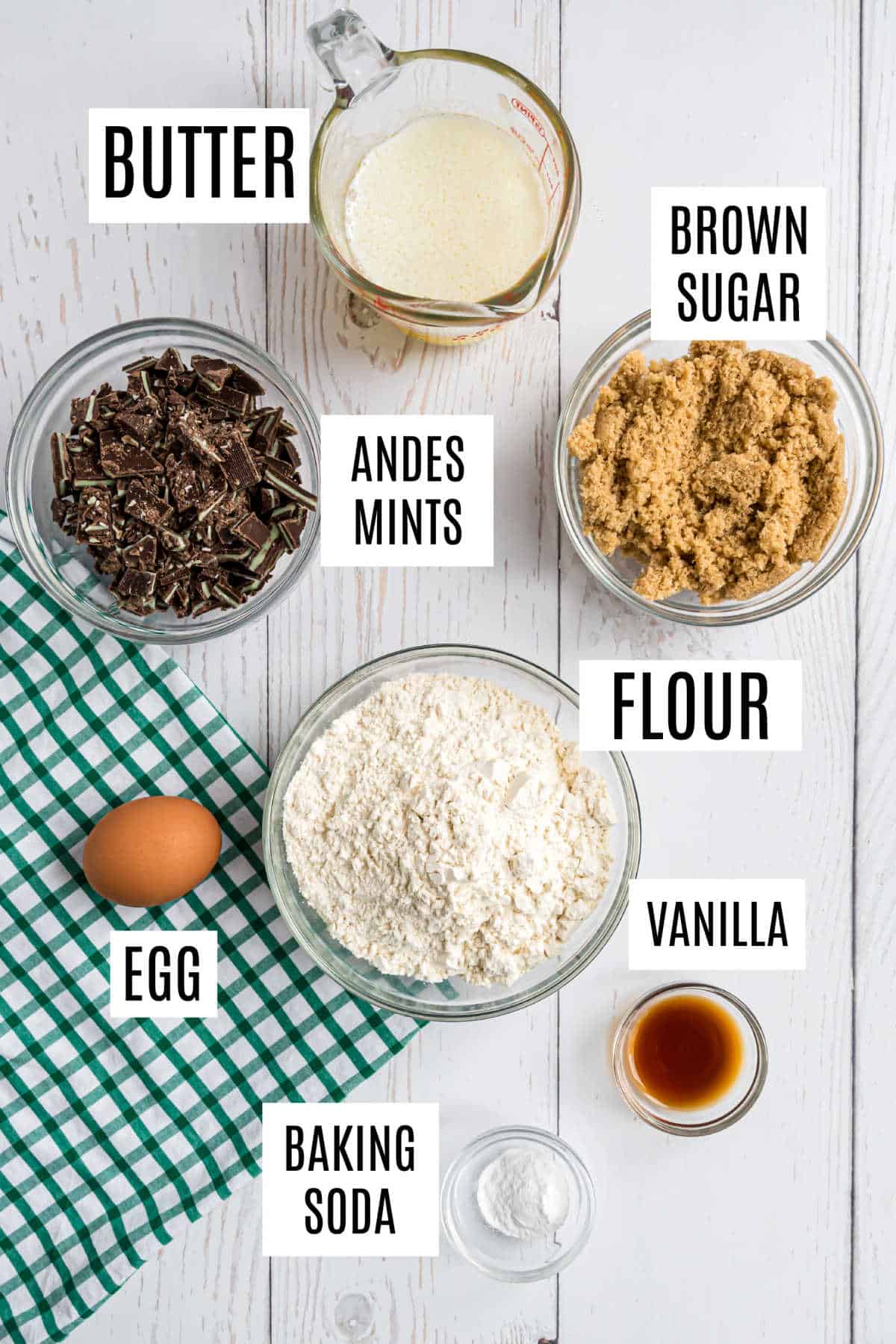 Ingredients needed to make Andes Mint Cookies.