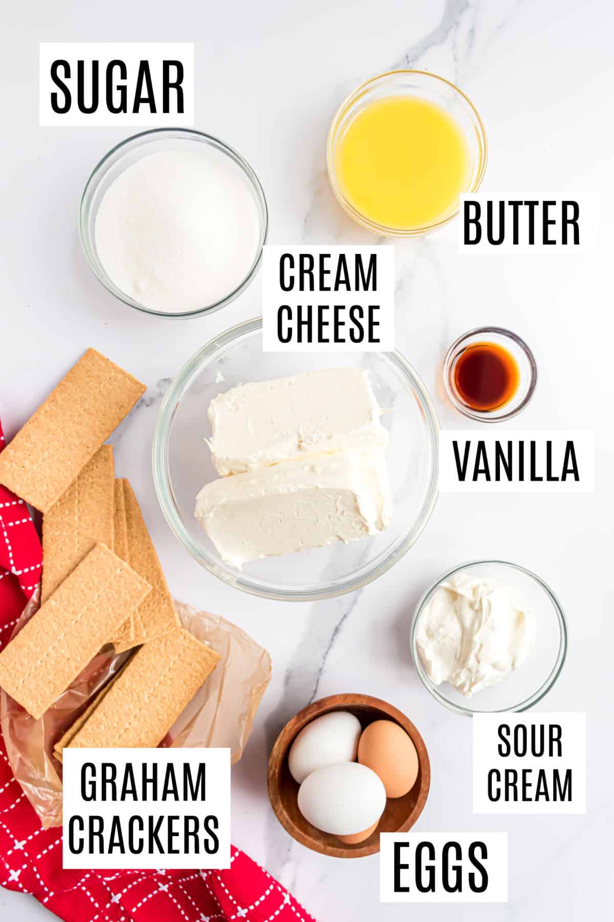 Ingredients needed to make cheesecake bars.