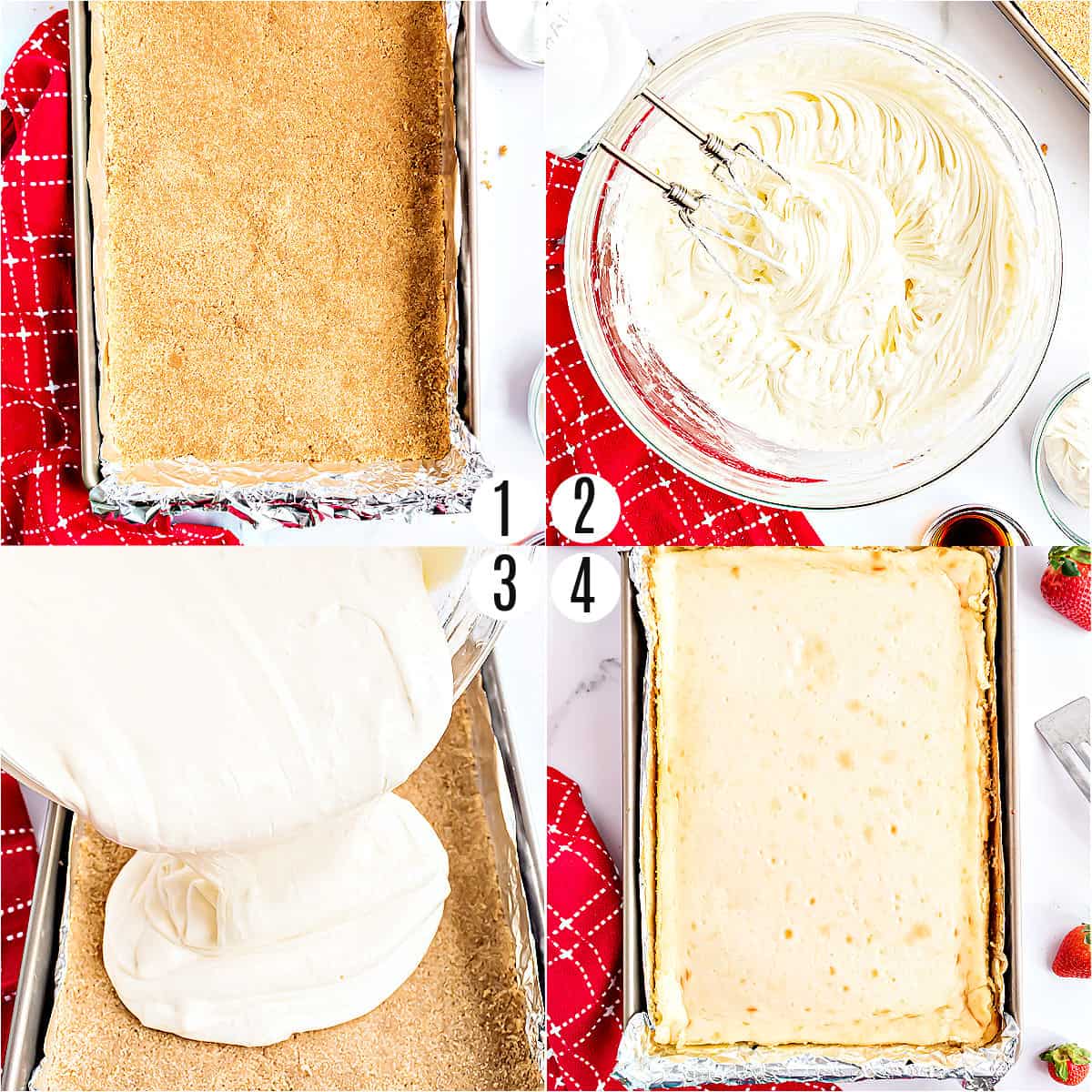 Step by step photos showing how to make cheesecake.