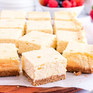 Cheesecake Bars are an easy-to-share dessert. They look great on a Sunday brunch table, party dessert platter, or on a quaint date night dinner. It has a smooth and luxuriously creamy filling with a buttery graham cracker crust.