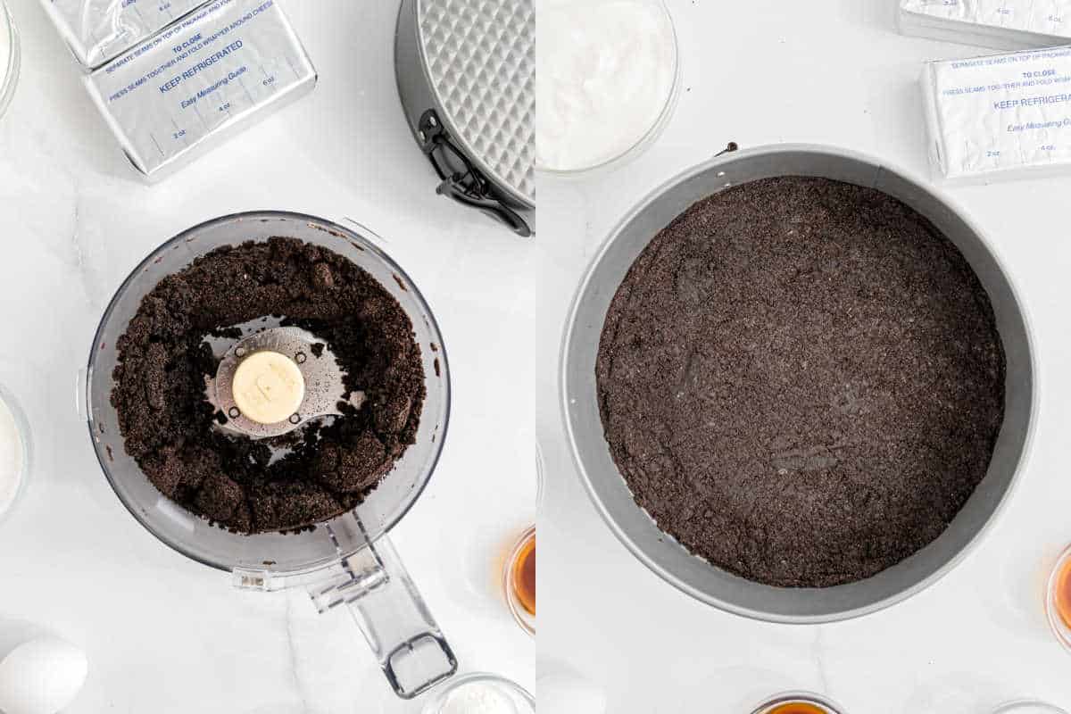 Side-by-side of Oreo crust in a food processor and pressed into a round pan, with chocolate cheesecake ingredients arranged around.