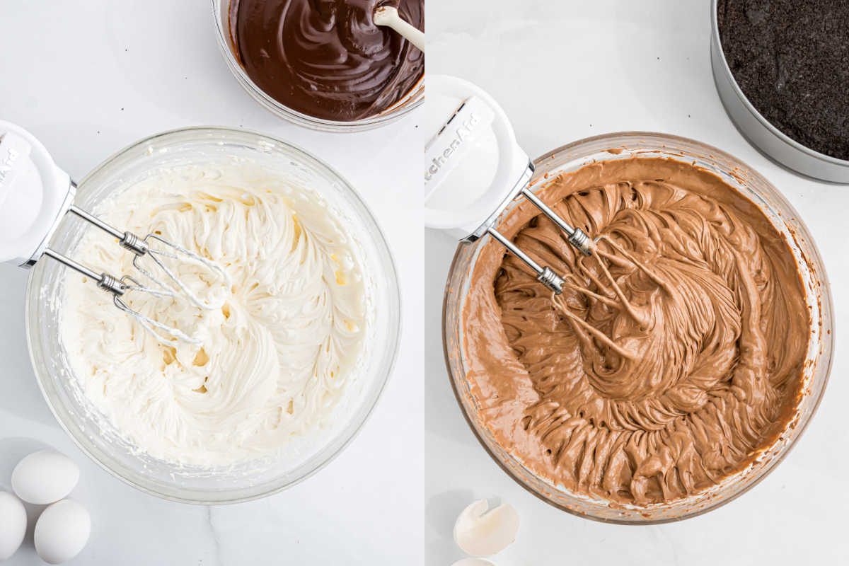 Two bowls with electric mixers: one whipping white cream, the other mixing light brown chocolate cheesecake cream.