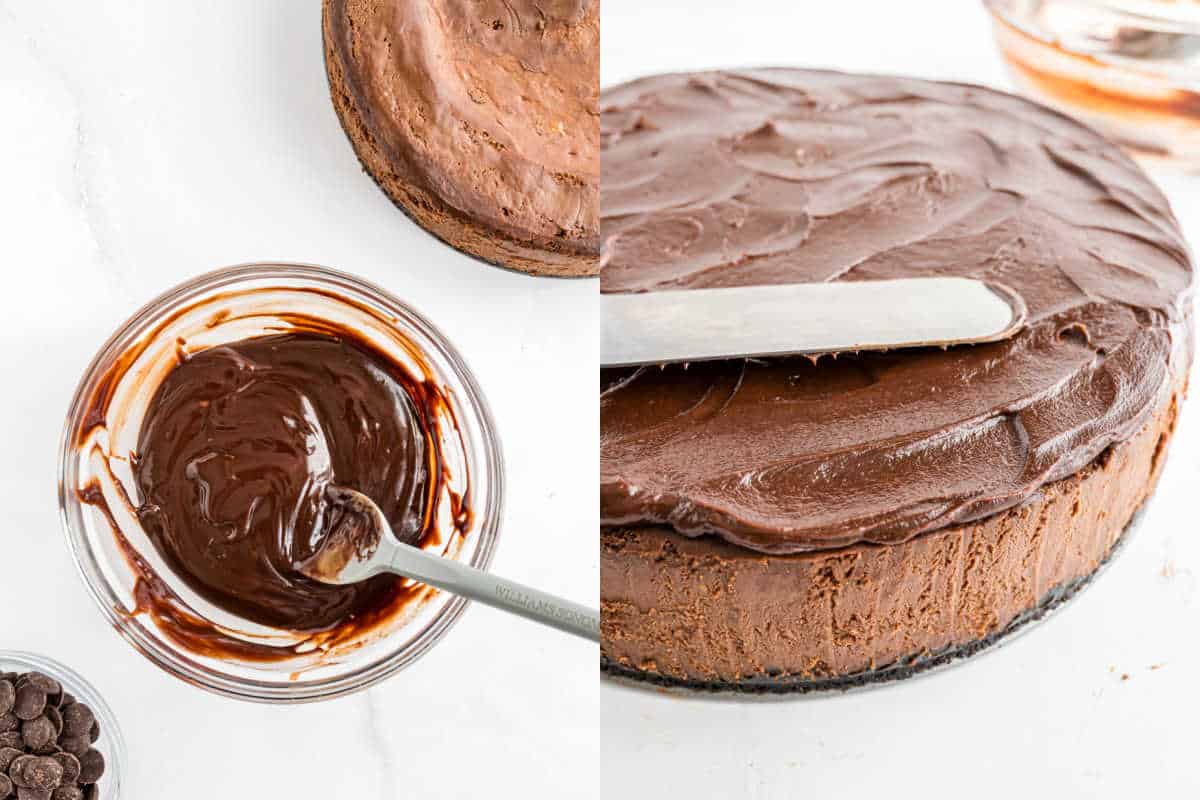 A bowl of melted chocolate sits beside a decadent chocolate cheesecake as a spatula carefully smooths the rich chocolate layer on top.