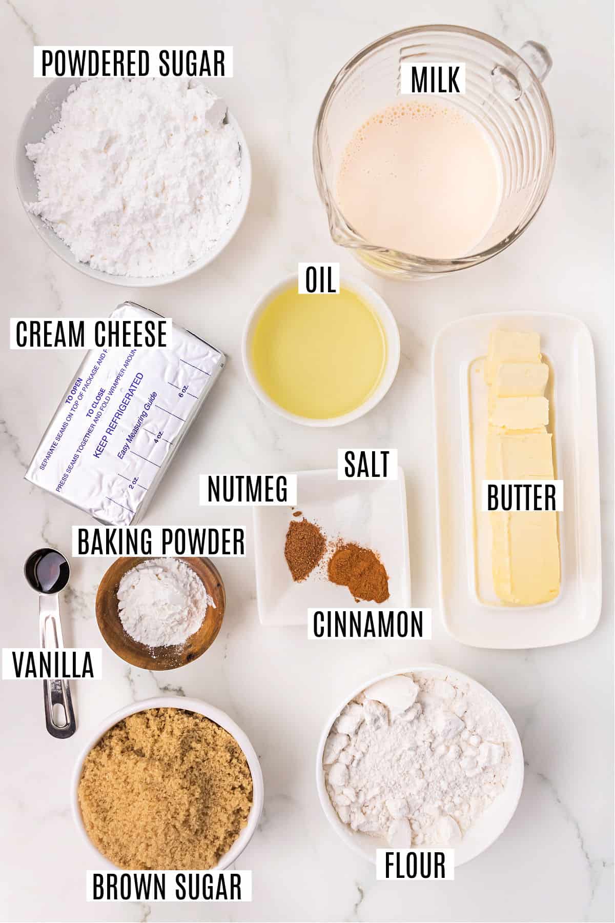Ingredients needed to make cinnamon roll pancakes.