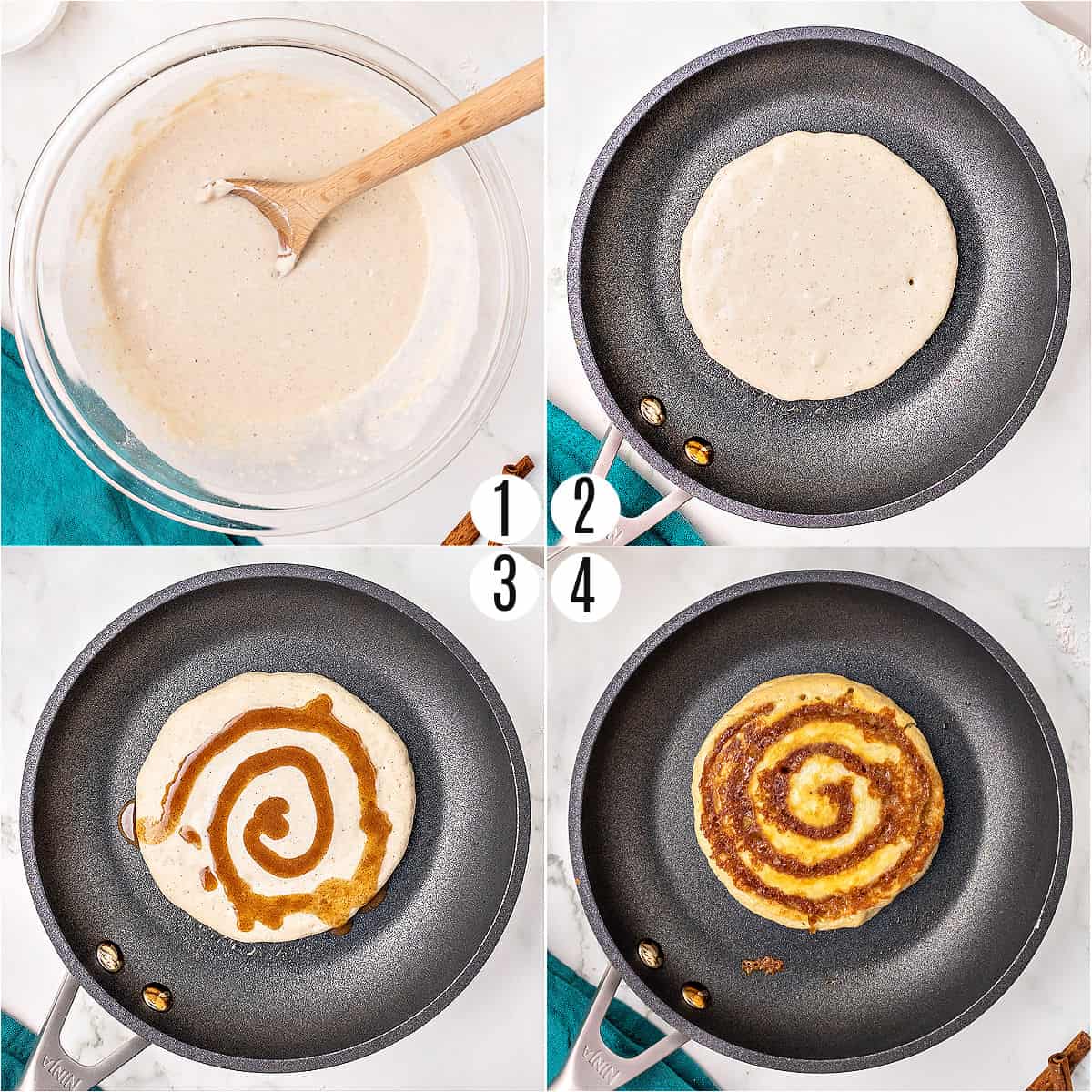 Step by step photos showing how to make cinnamon roll pancakes.
