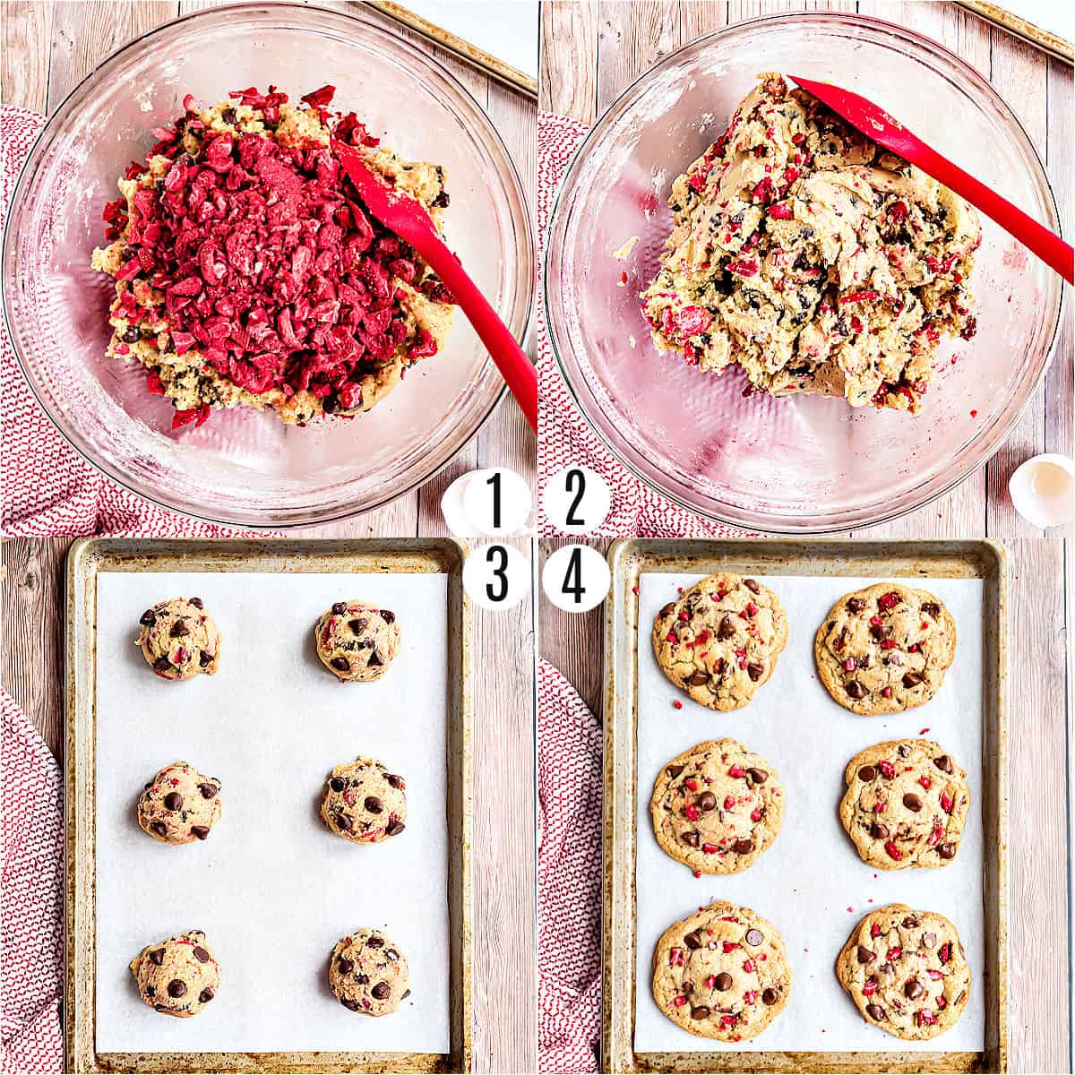 Step by step photos showing how to make chocolate chip strawberry cookies.