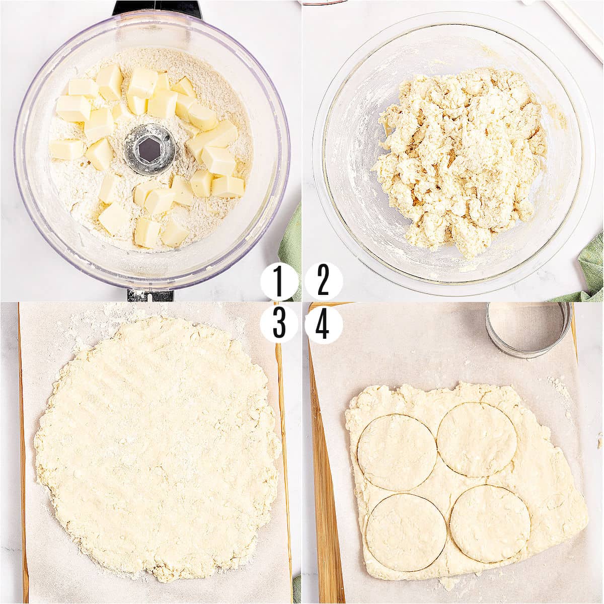 Step by step photos showing how to make homemade biscuits.