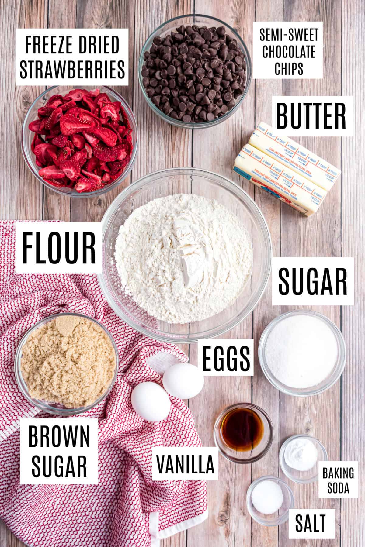 Ingredients needed to make chocolate chip cookies with strawberries.