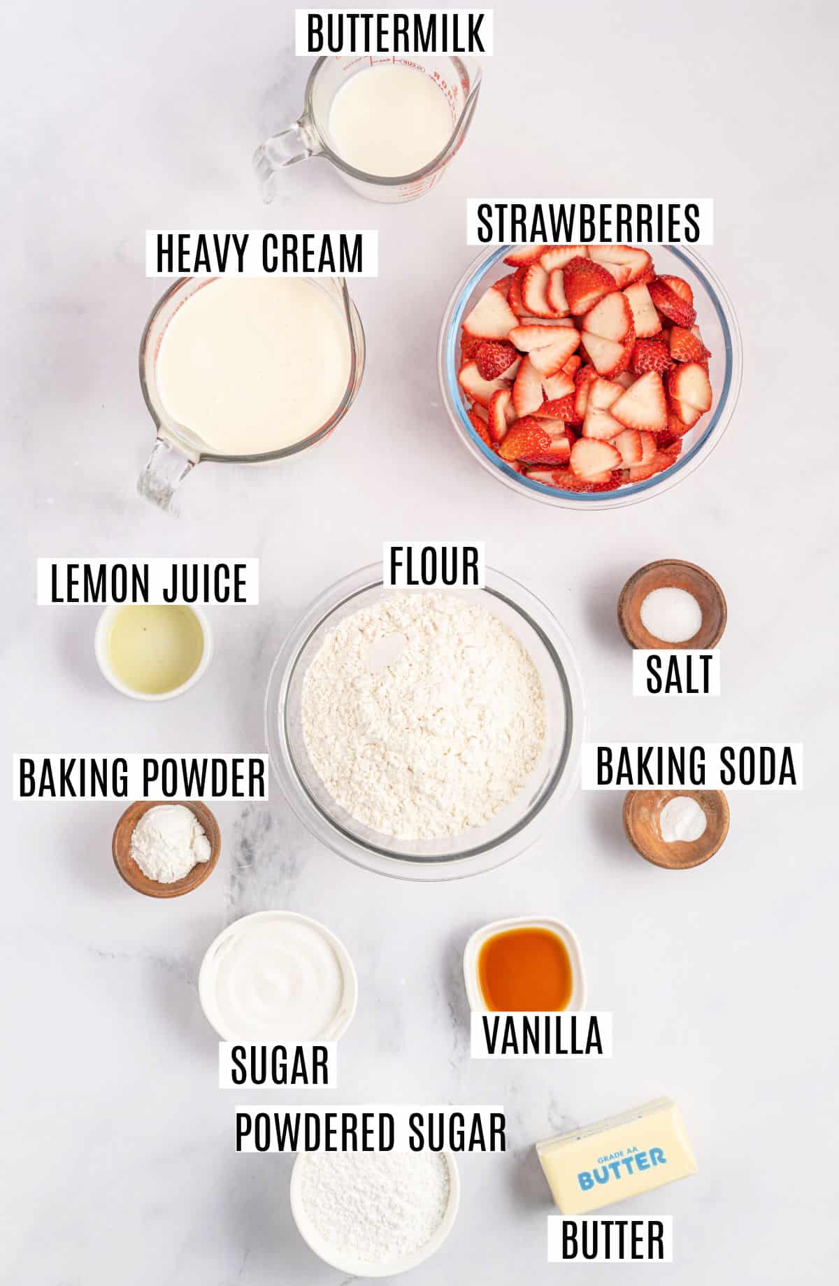 Ingredients needed to make strawberry shortcake.