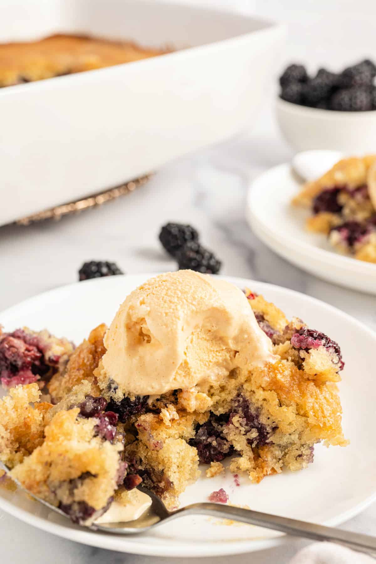 Vanilla ice cream served on a scoop of blackberry cobbler.