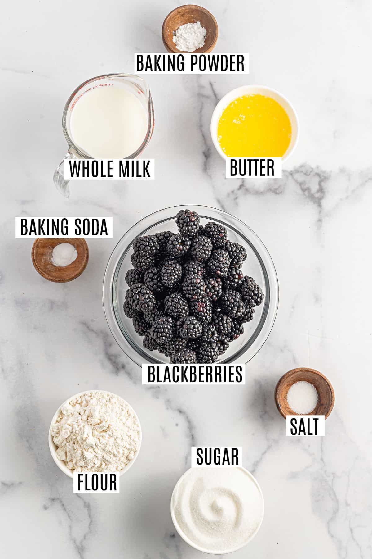 Ingredients needed to make blackberry cobbler.