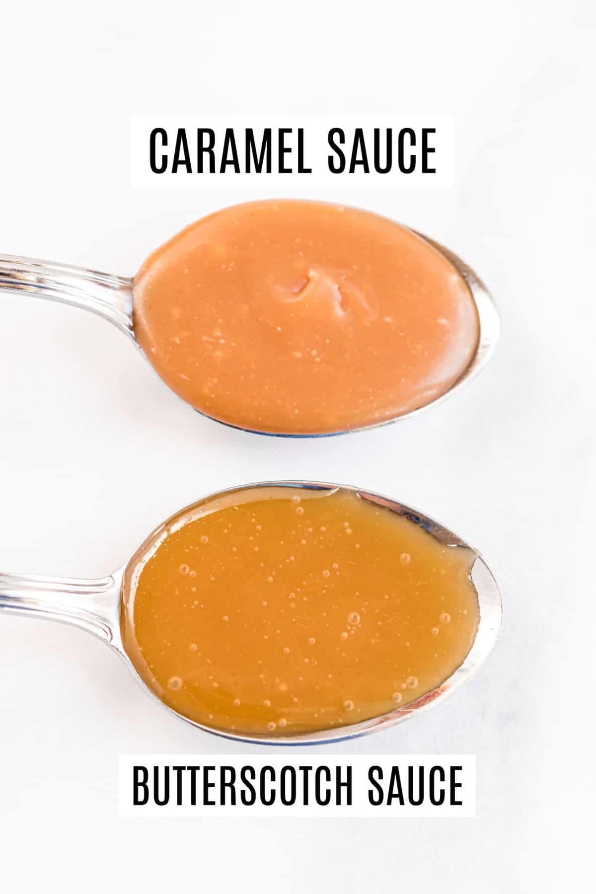 Two spoons showing the difference between caramel and butterscotch sauces.