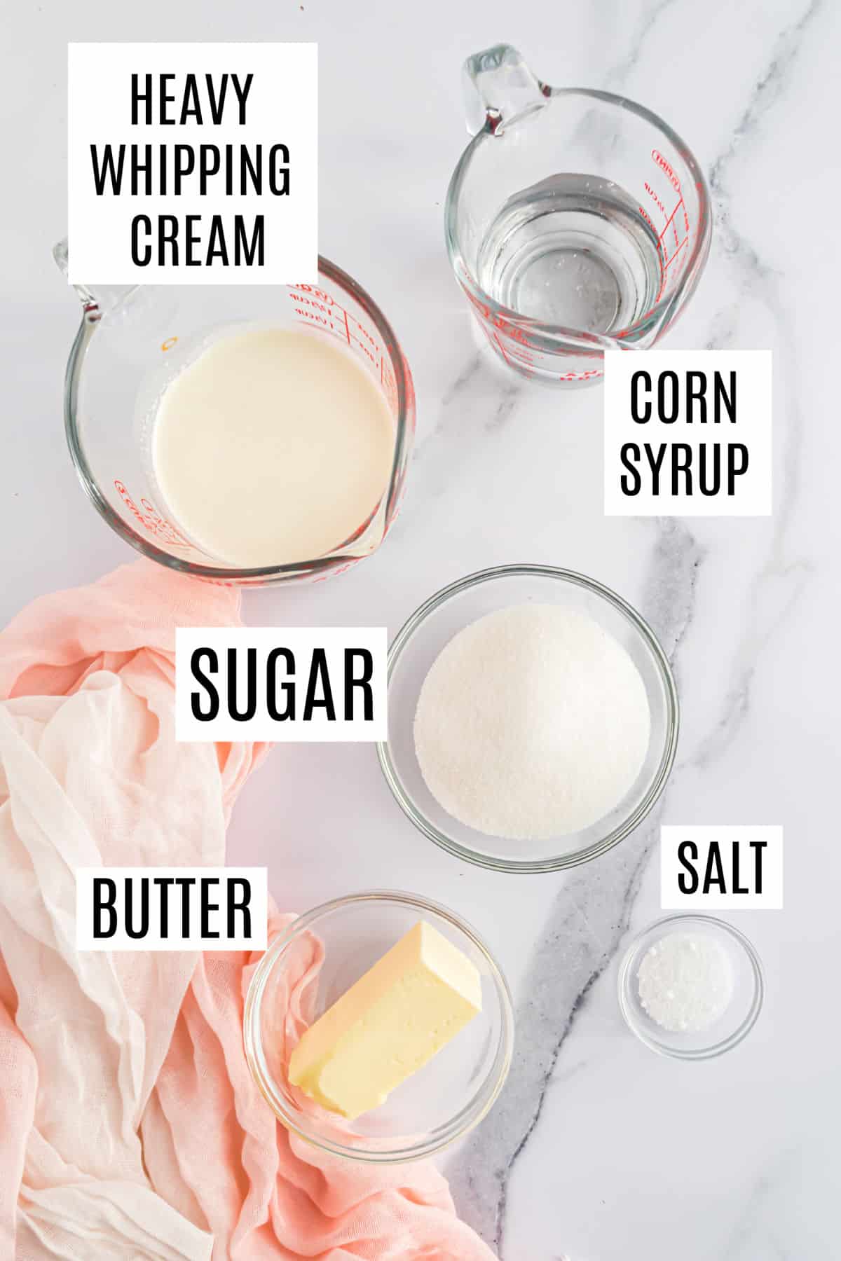 Ingredients needed to make homemade caramel sauce.