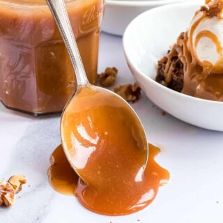 This five-ingredient Caramel Sauce recipe comes together in a matter of minutes. It tastes phenomenal with almost every dessert. Drizzle it over some ice cream, add some to your morning coffee, swirl it into cheesecakes, or dip some apples in it. 