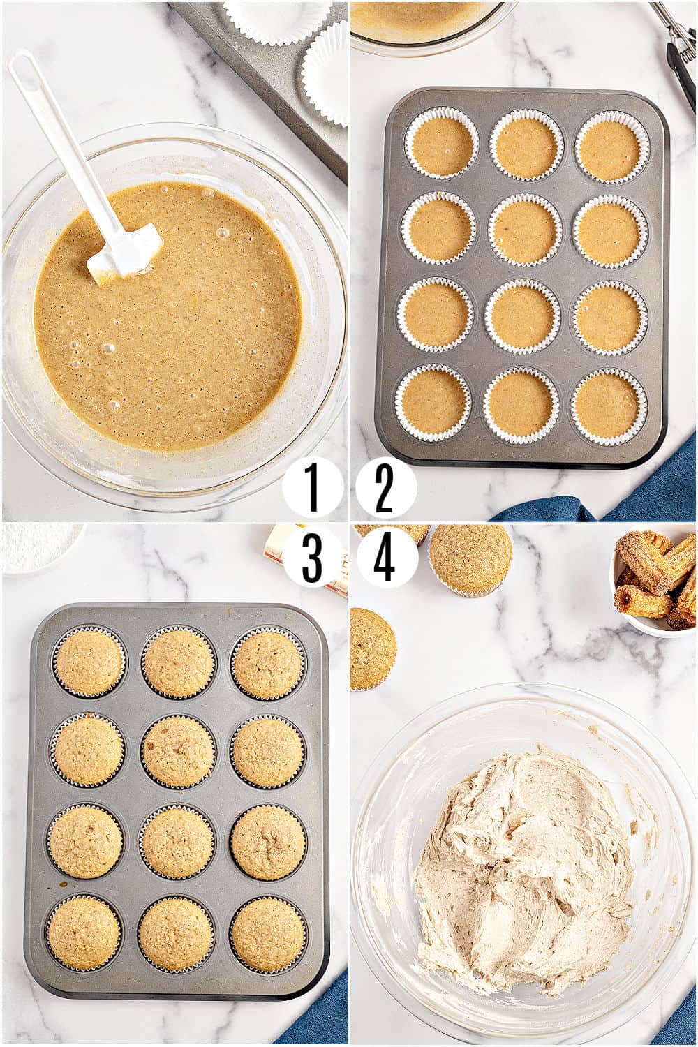 Step by step photos showing how to make churro cupcakes.