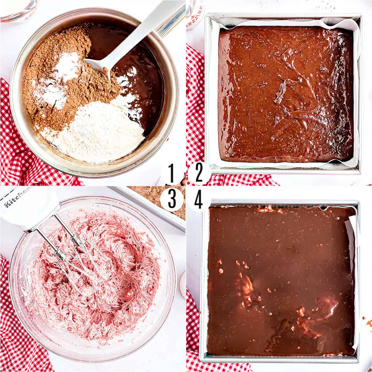 Step by step photos showing how to make strawberry brownies.