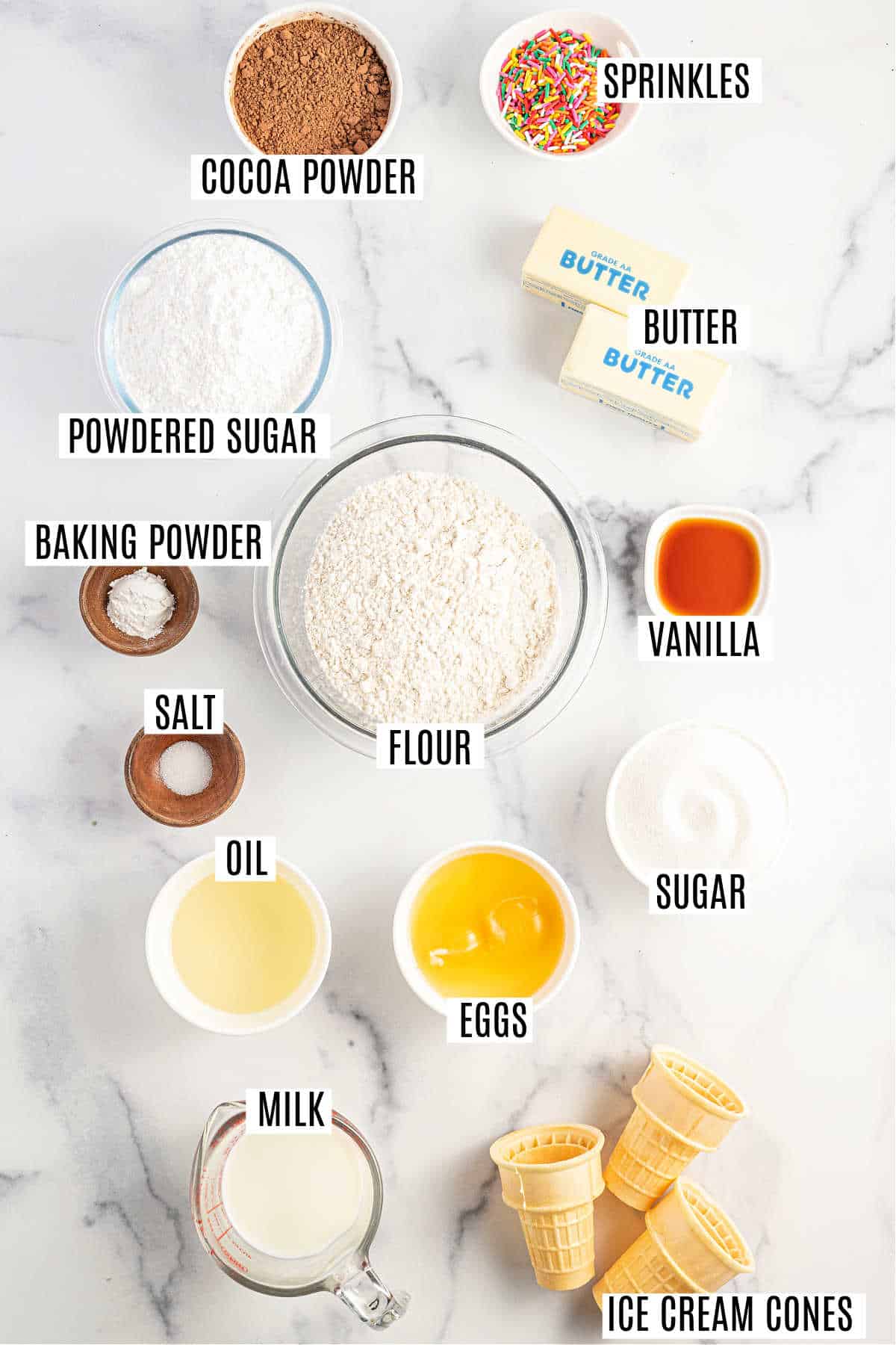 Ingredients needed to make ice cream cone cupcakes.