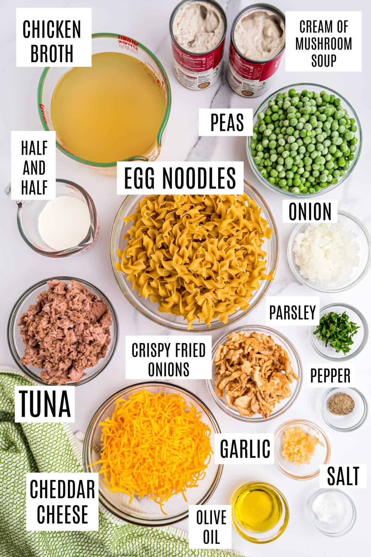 Ingredients needed to make tuna noodle casserole in the Instant Pot.
