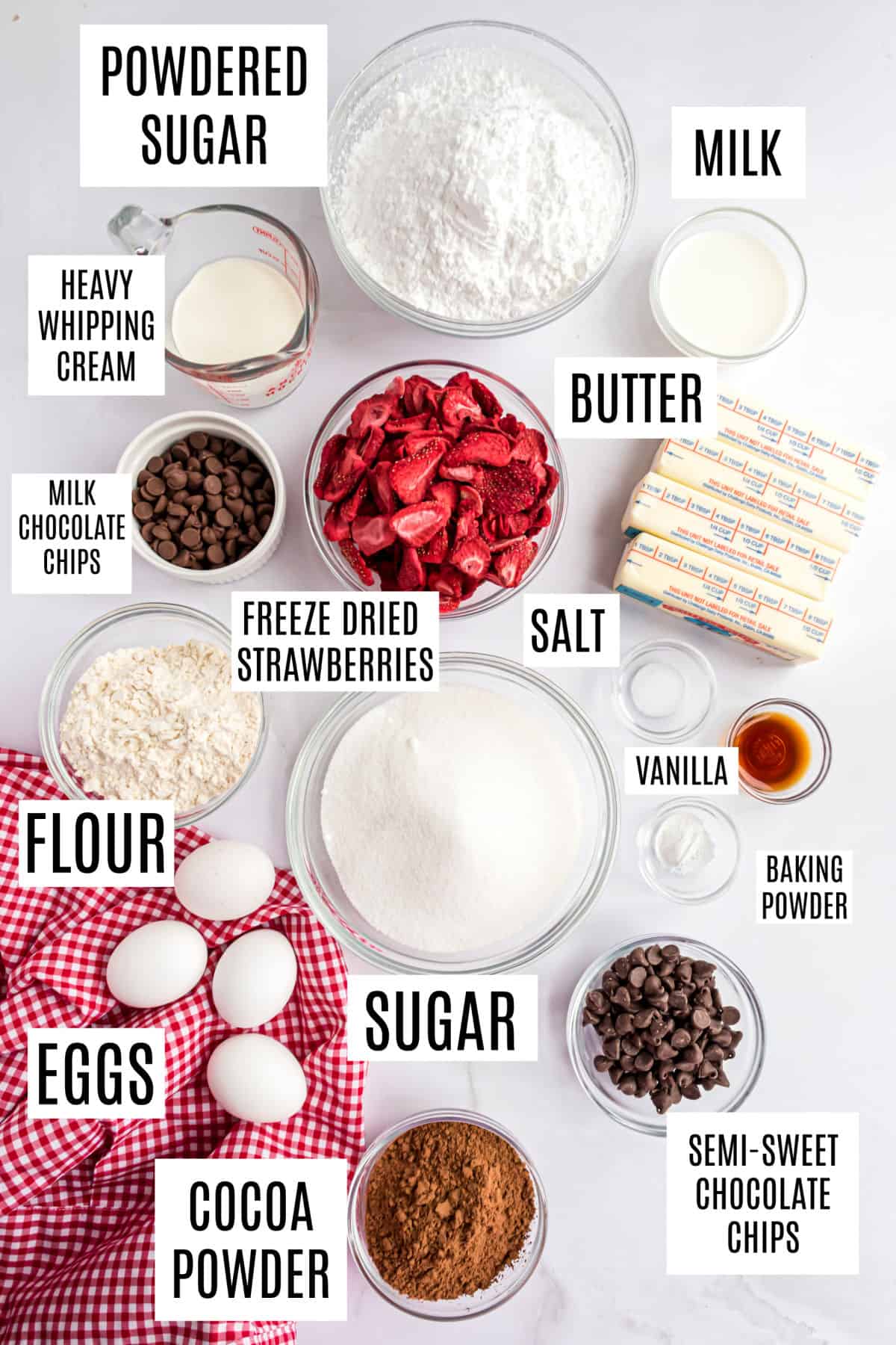 Ingredients needed to make strawberry frosted brownies.