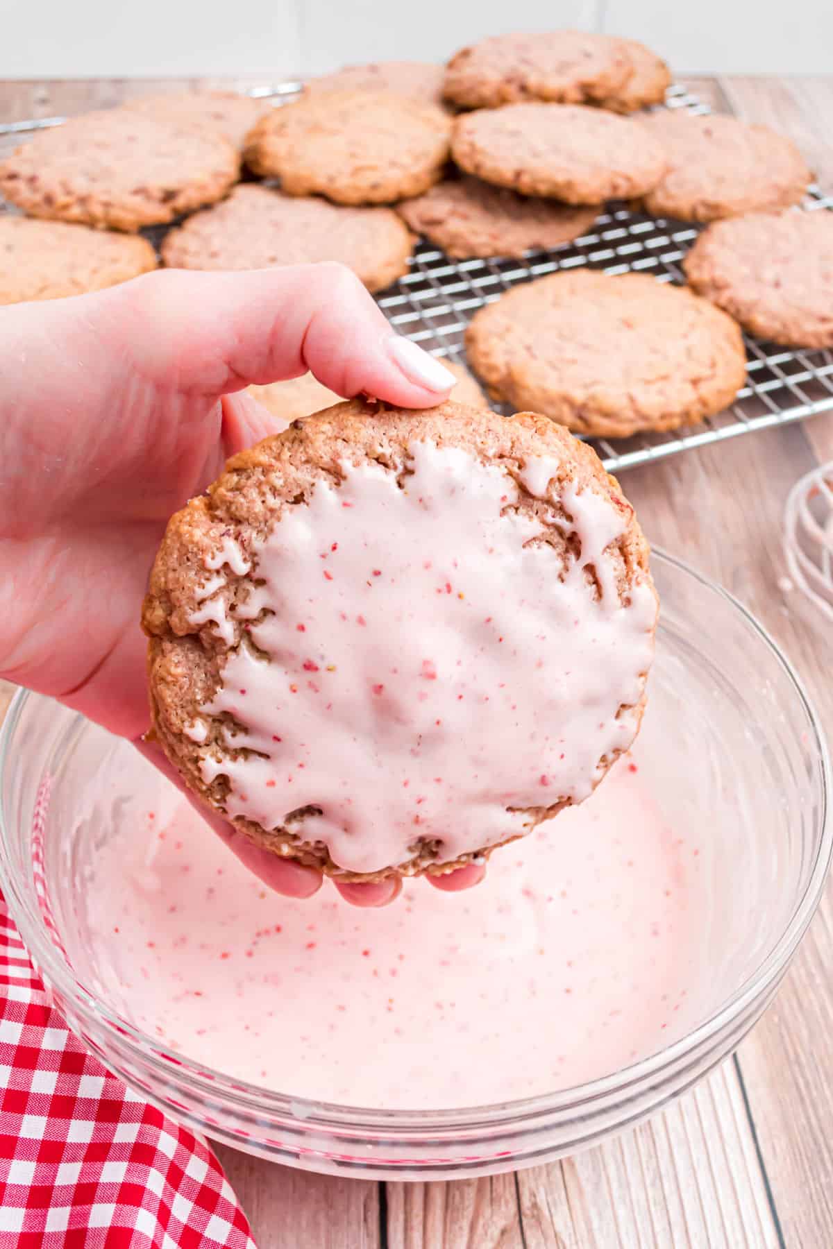 Strawberry cookie dipped in strawberry icing.