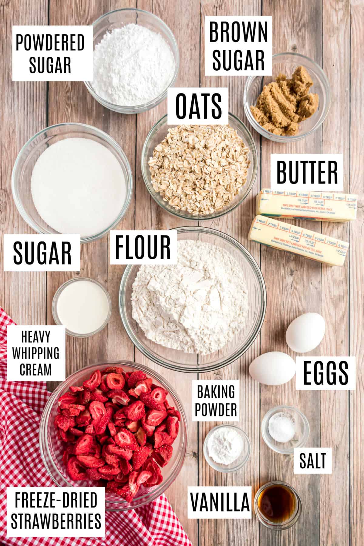 Ingredients needed to make iced strawberry oatmeal cookies.