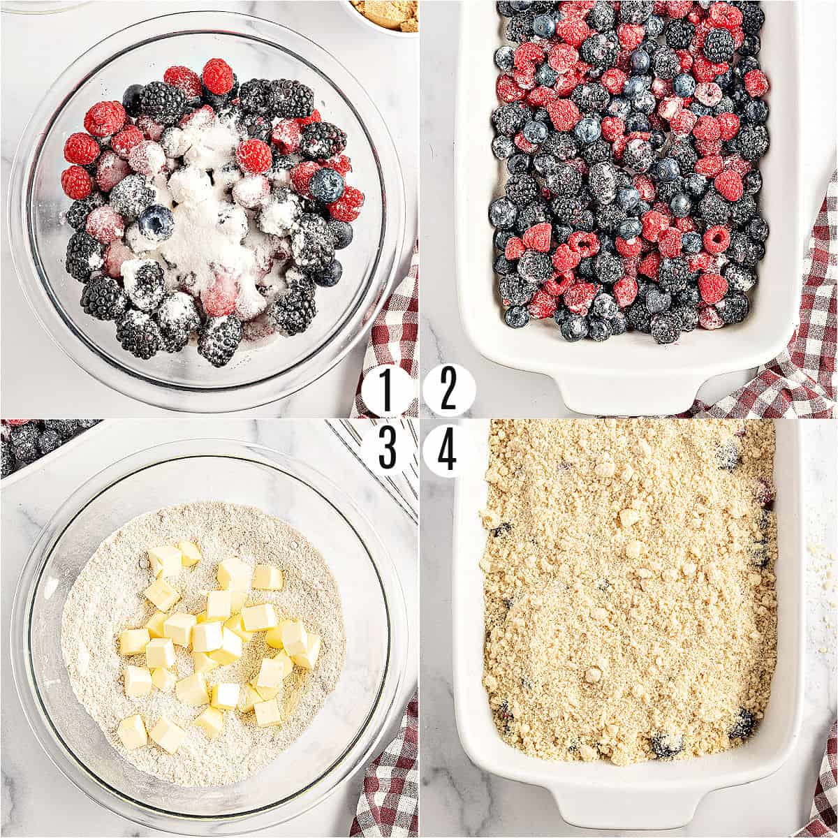 Step by step photos showing how to make berry crumble.
