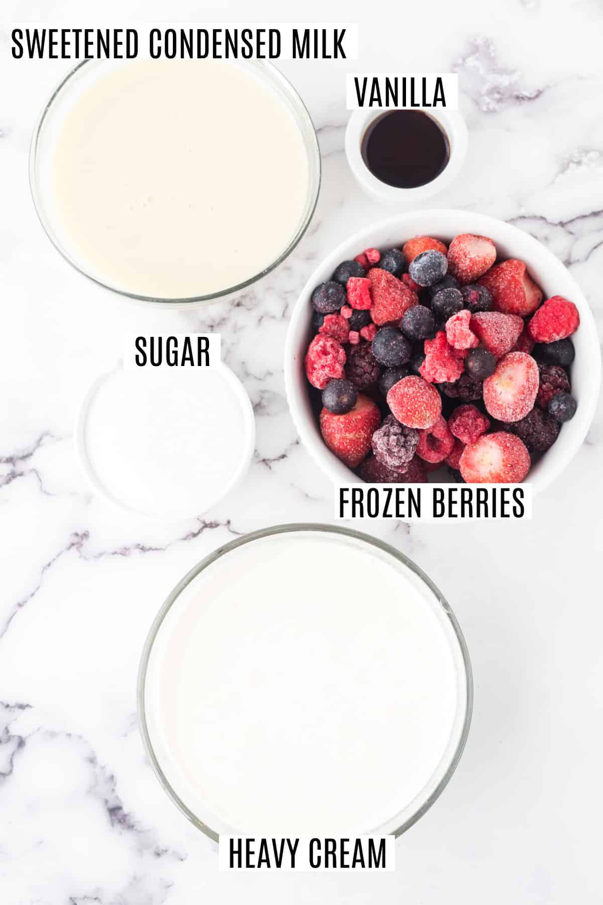 Ingredients needed to make no churn berry ice cream.