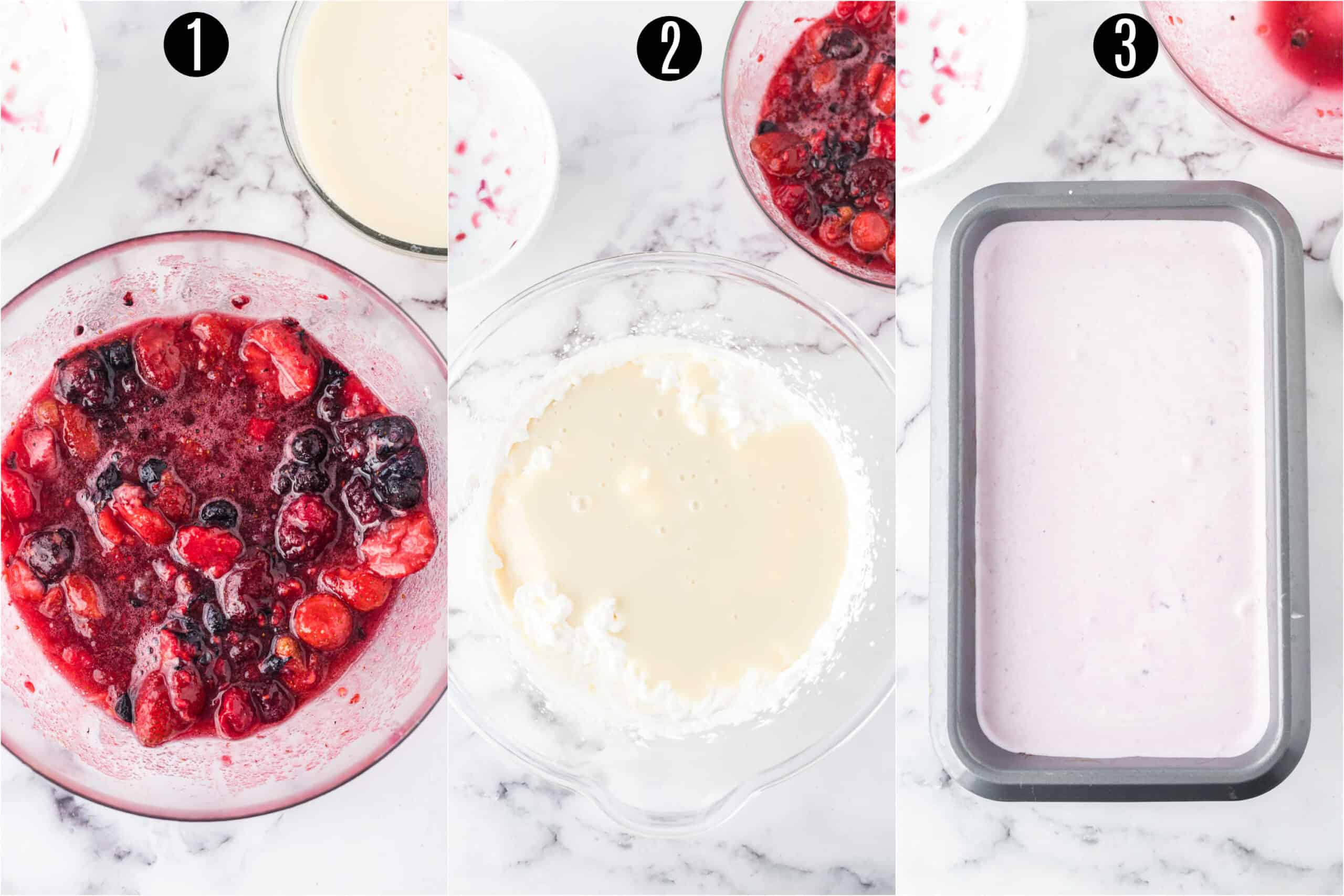 Step by step photos showing how to make berry ice cream.