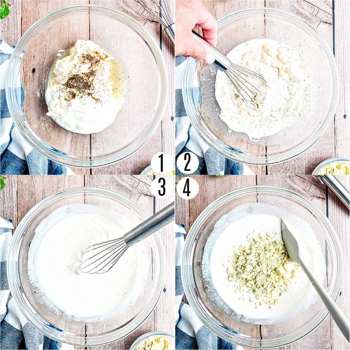 Step by step photos showing how to make blue cheese dressing.