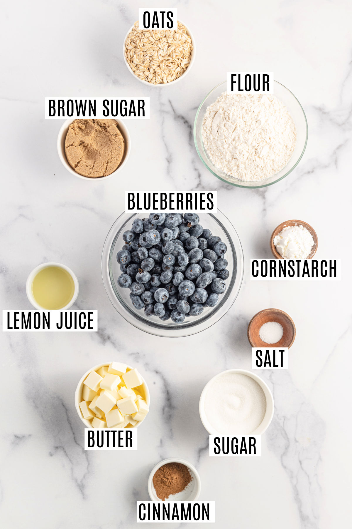 Ingredients needed to make blueberry crisp.