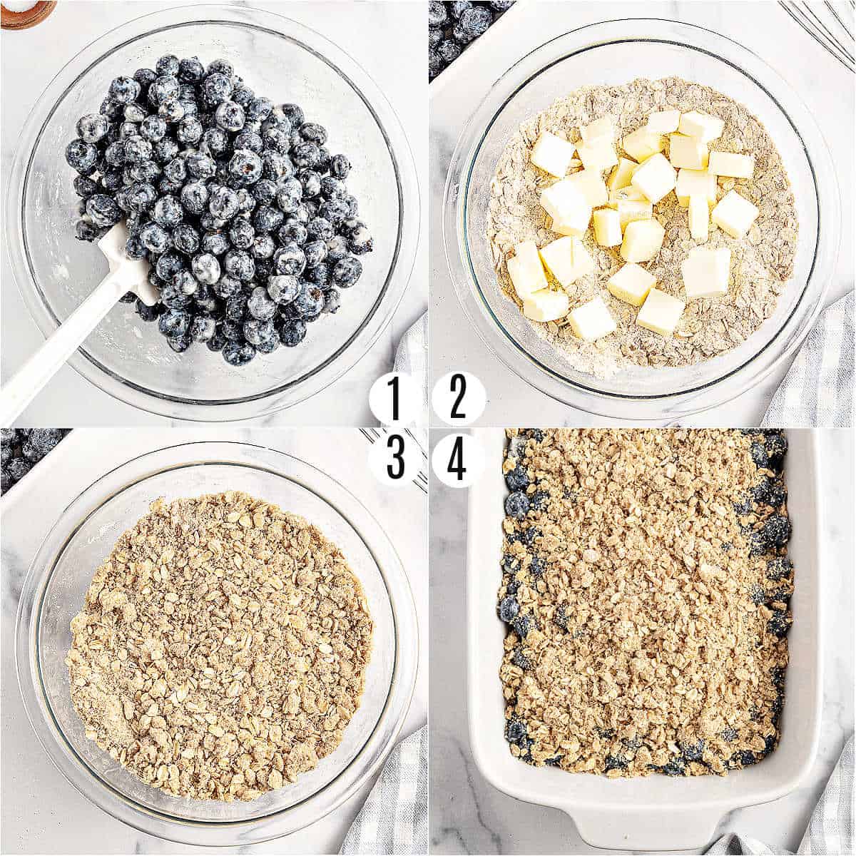 Step by step photos showing how to make blueberry crisp.