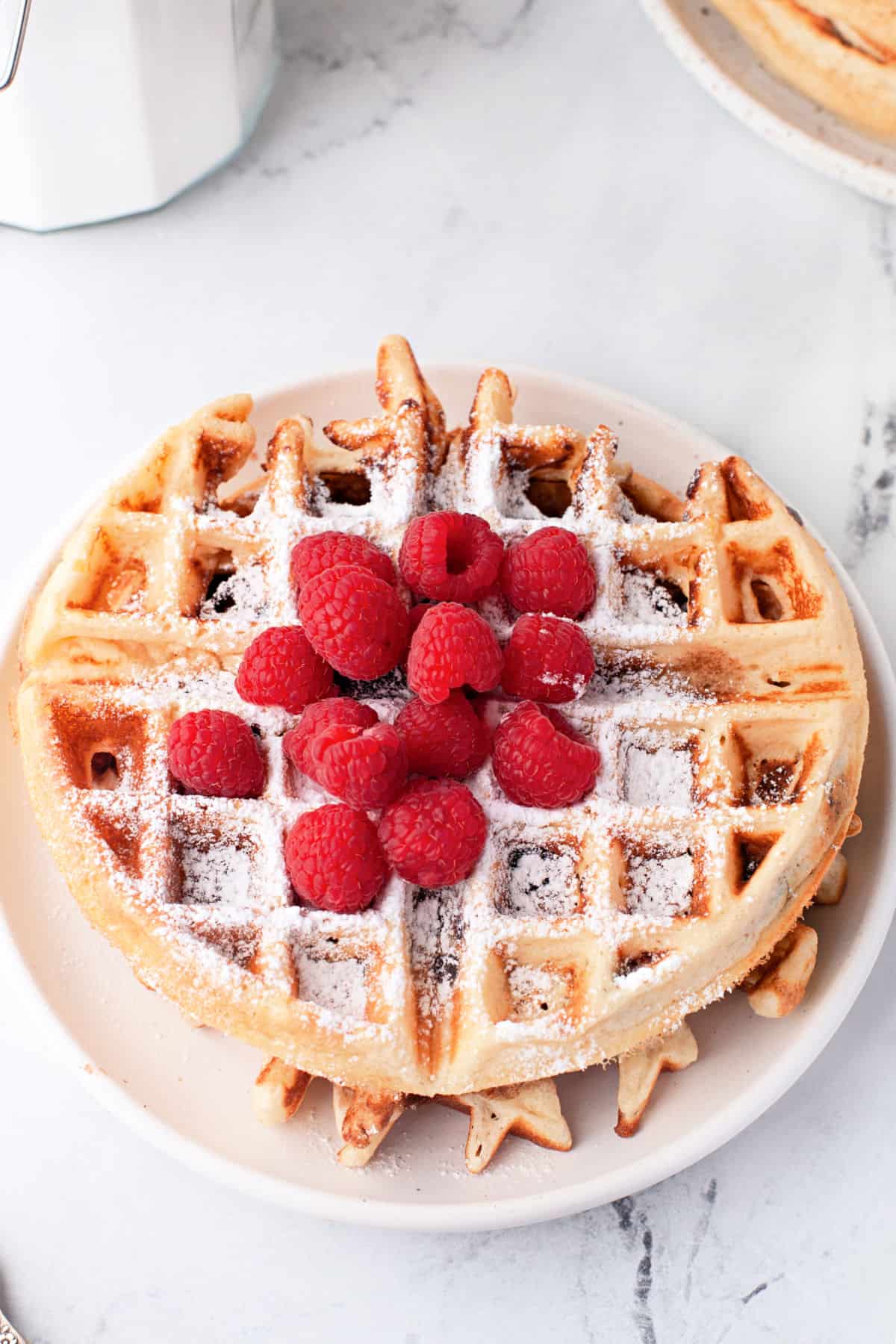 Stack of two chocolate chip waffles topped with fresh raspberries.